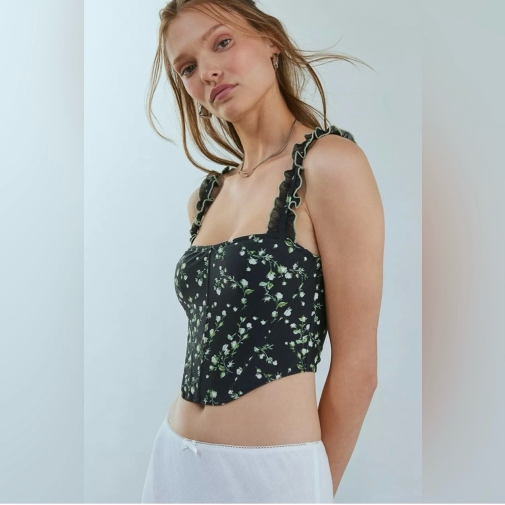 Urban Outfitters Black Floral Ruffle Strap Top